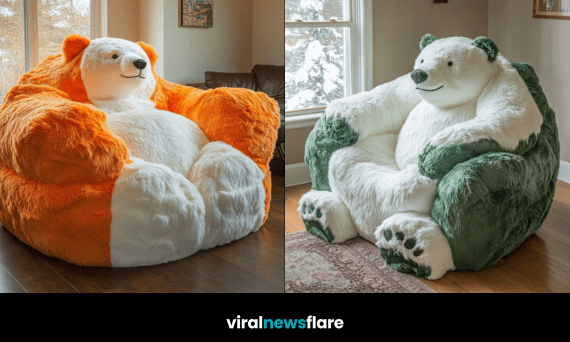 Selection of oversized plush polar bear armchairs in various colours for winter home décor.
