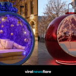 Collection of oversized Christmas bauble loungers in red, white, and blue designs for outdoor festive décor.