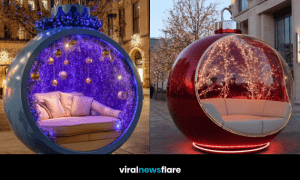 Collection of oversized Christmas bauble loungers in red, white, and blue designs for outdoor festive décor.