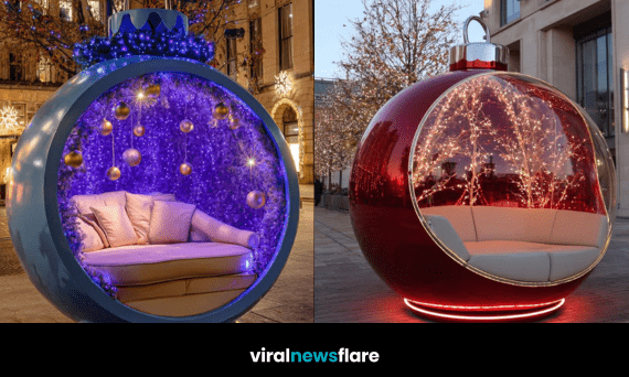 Collection of oversized Christmas bauble loungers in red, white, and blue designs for outdoor festive décor.
