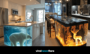 Decorative glowing winter-themed kitchen island with illuminated snow scenes and festive lighting.
