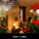 Collection of festive Christmas tree toppers including gingerbread, angel, star, and Santa designs.