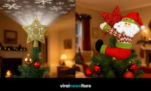 Collection of festive Christmas tree toppers including gingerbread, angel, star, and Santa designs.