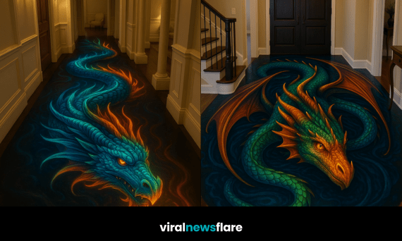 Stunning dragon-themed flooring artwork showcasing vivid scales and glowing colours.