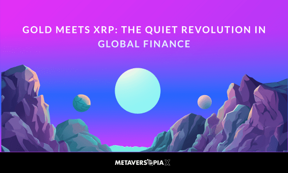 Futuristic digital landscape with floating planets and a glowing sphere symbolising the connection between gold and XRP in modern finance.