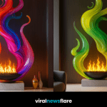 Large sculptural fireplace with swirling colourful flame-shaped design in a modern living room