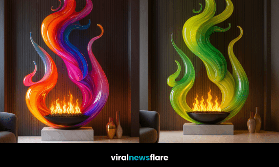 Large sculptural fireplace with swirling colourful flame-shaped design in a modern living room