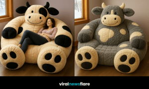 Oversized plush cow loungers in brown, cream, grey and black-and-white designs