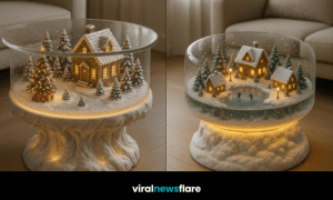 Snow globe coffee table showcasing a festive winter village with glowing lights