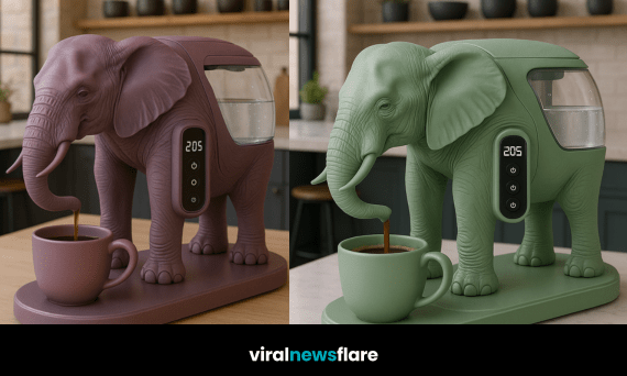 Elephant-shaped coffee maker pouring coffee into a mug in a modern kitchen setting