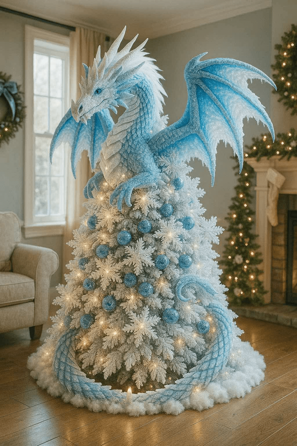 Blue dragon Christmas tree with icy white branches and glowing lights beside a fireplace