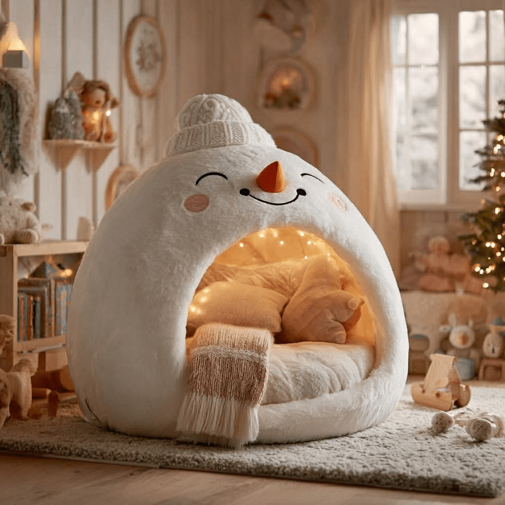 Christmas-themed loungers:Plush snowman-shaped lounger with smiling face, carrot nose, and glowing interior lights.