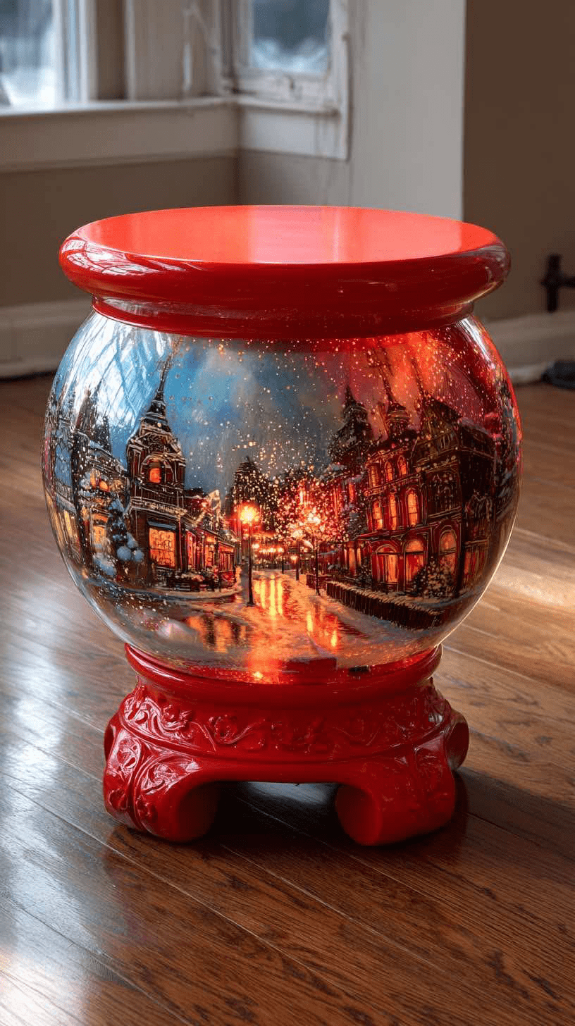Red festive table with glowing miniature Christmas village scene inside glass orb base