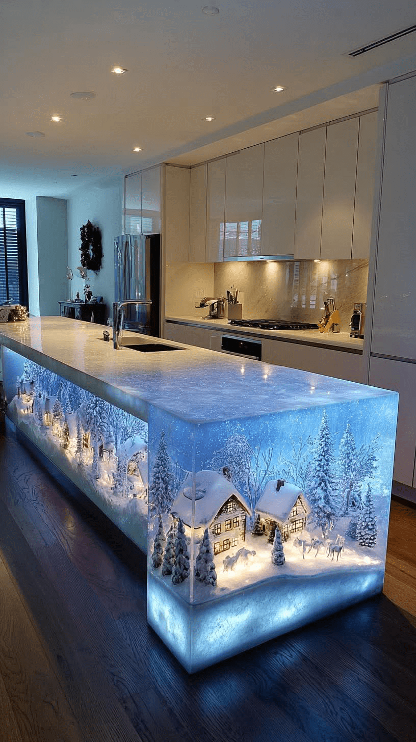 Glowing kitchen island featuring a miniature snow-covered village with trees and warm lighting.