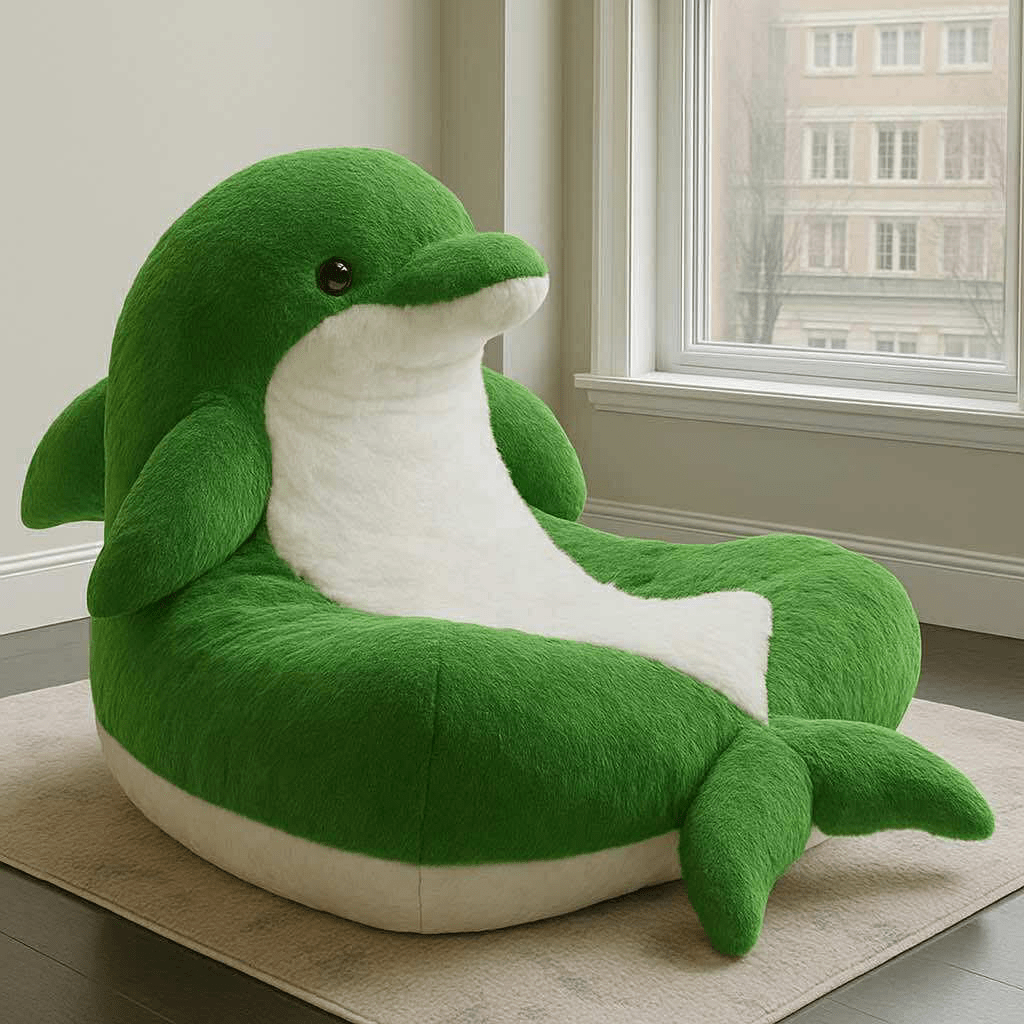 Green dolphin-inspired plush armchair with white belly, perfect for nature-themed interiors