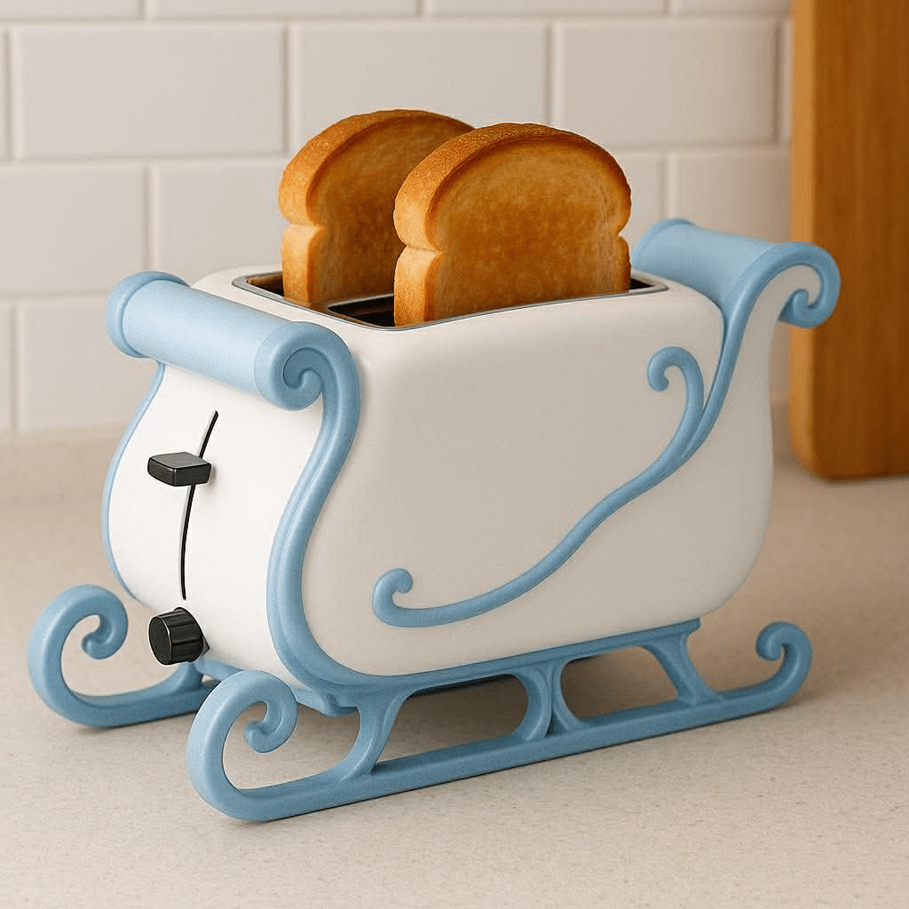 A white sleigh-style toaster with soft blue accents, toasting two slices of bread in a modern kitchen.