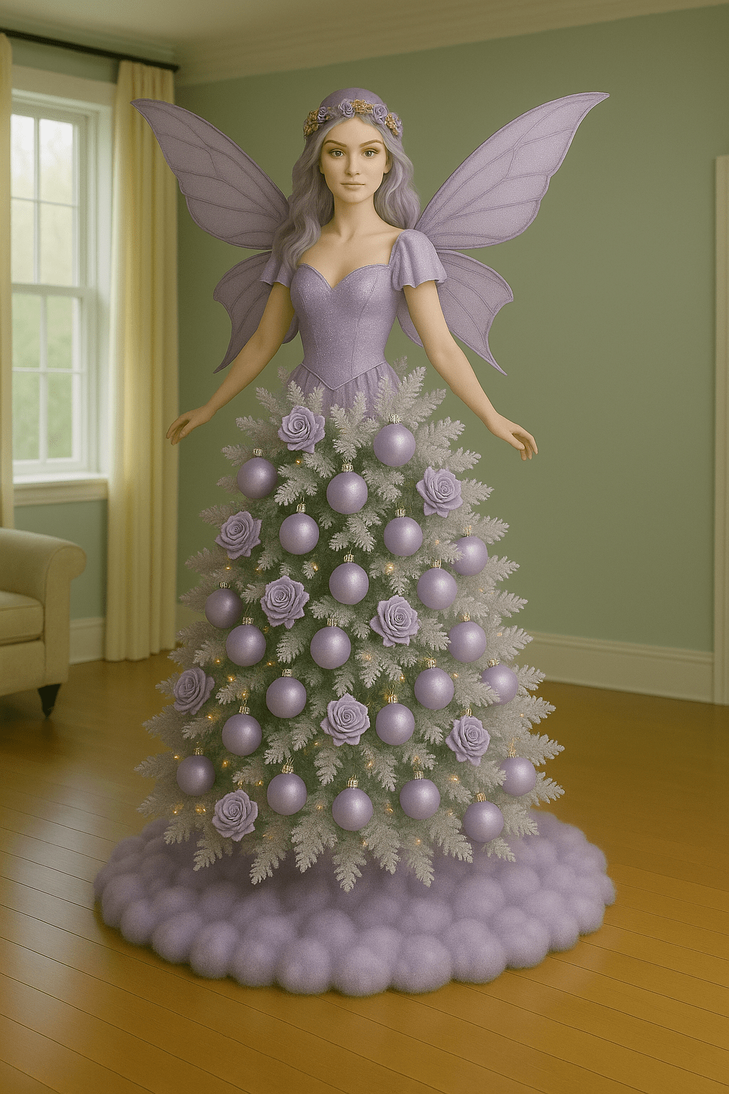 Lavender fairy Christmas tree featuring purple baubles, pastel roses and glowing lights