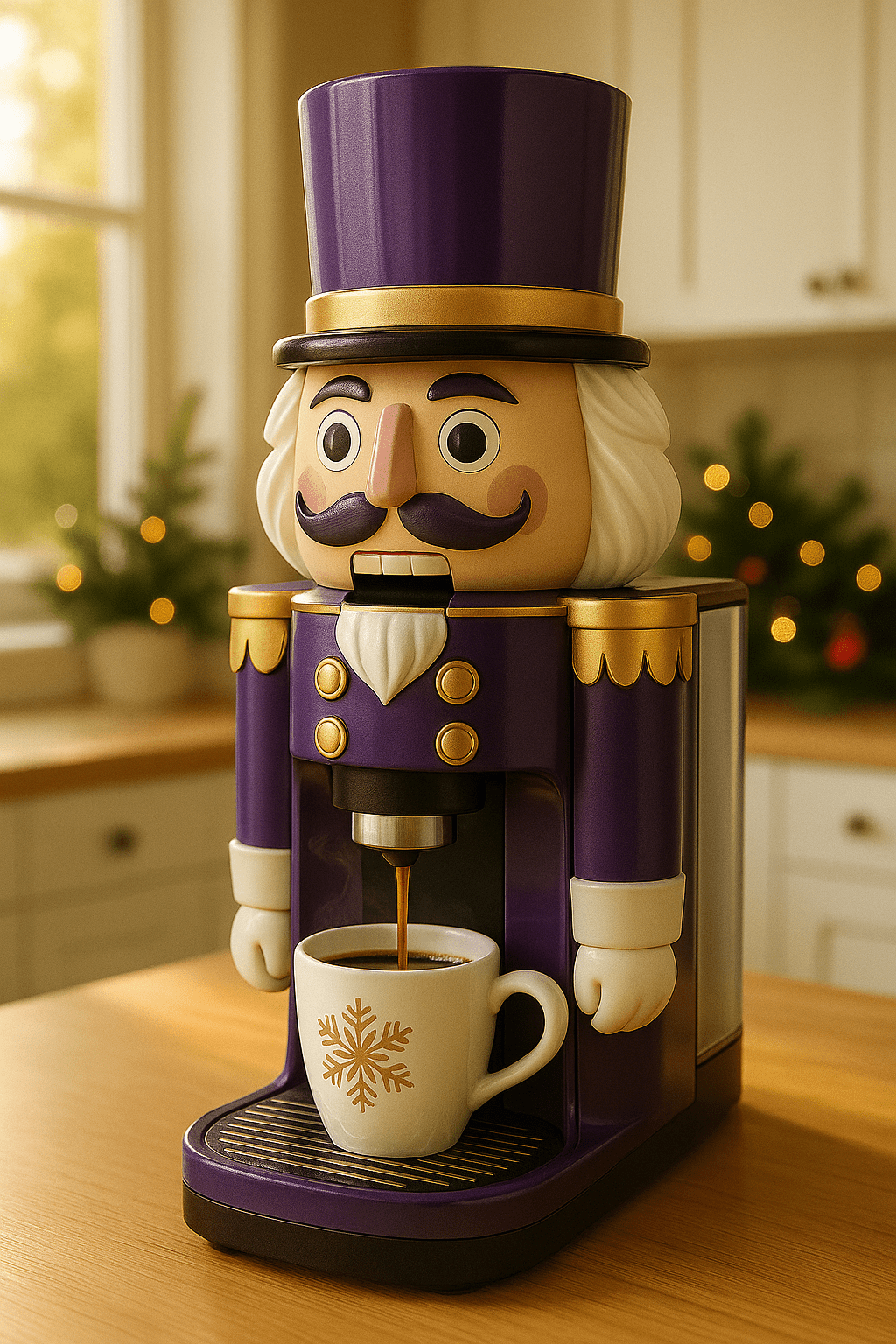 Purple Nutcracker Coffee Machine pouring coffee into a gold snowflake cup on a wooden counter