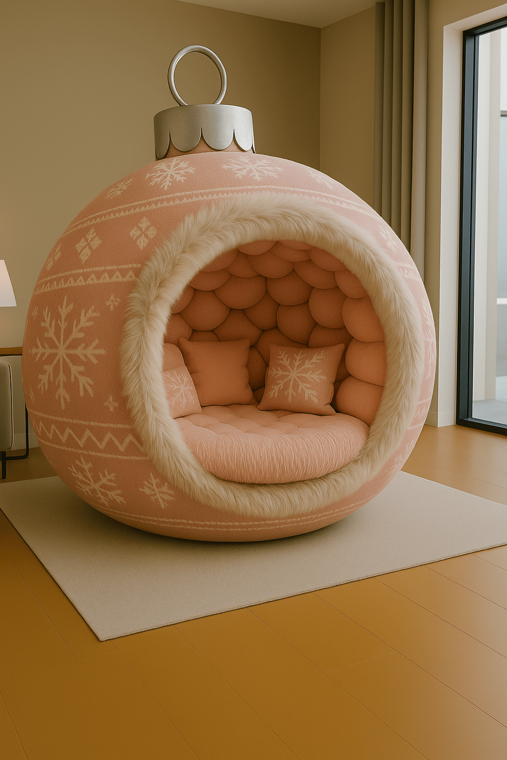 Pink Christmas bauble-shaped chair with snowflake pattern and soft faux fur trim