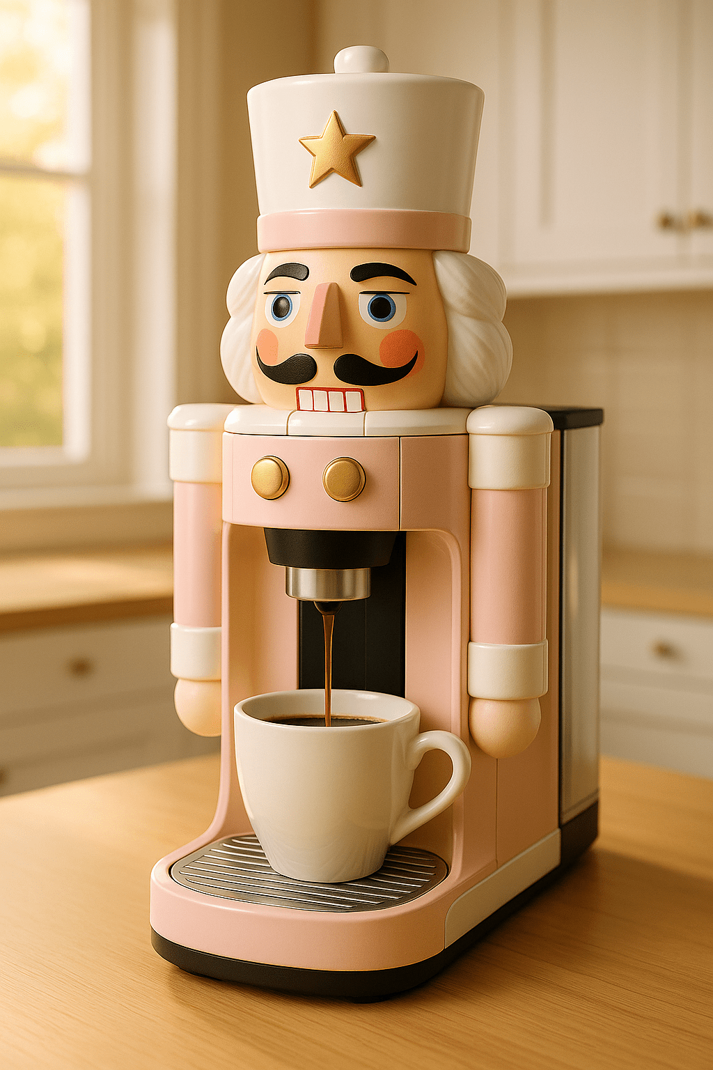 Pink Nutcracker Coffee Machine brewing coffee into a white mug in a bright festive kitchen