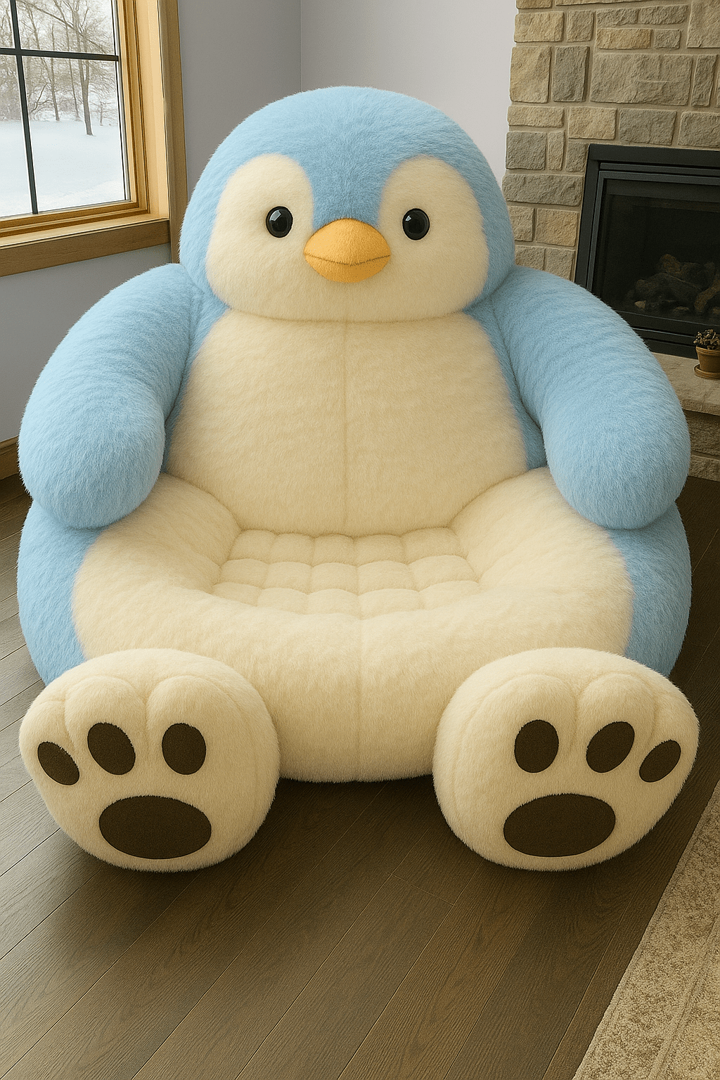 Sky blue and cream oversized penguin lounger chair designed for cosy interiors