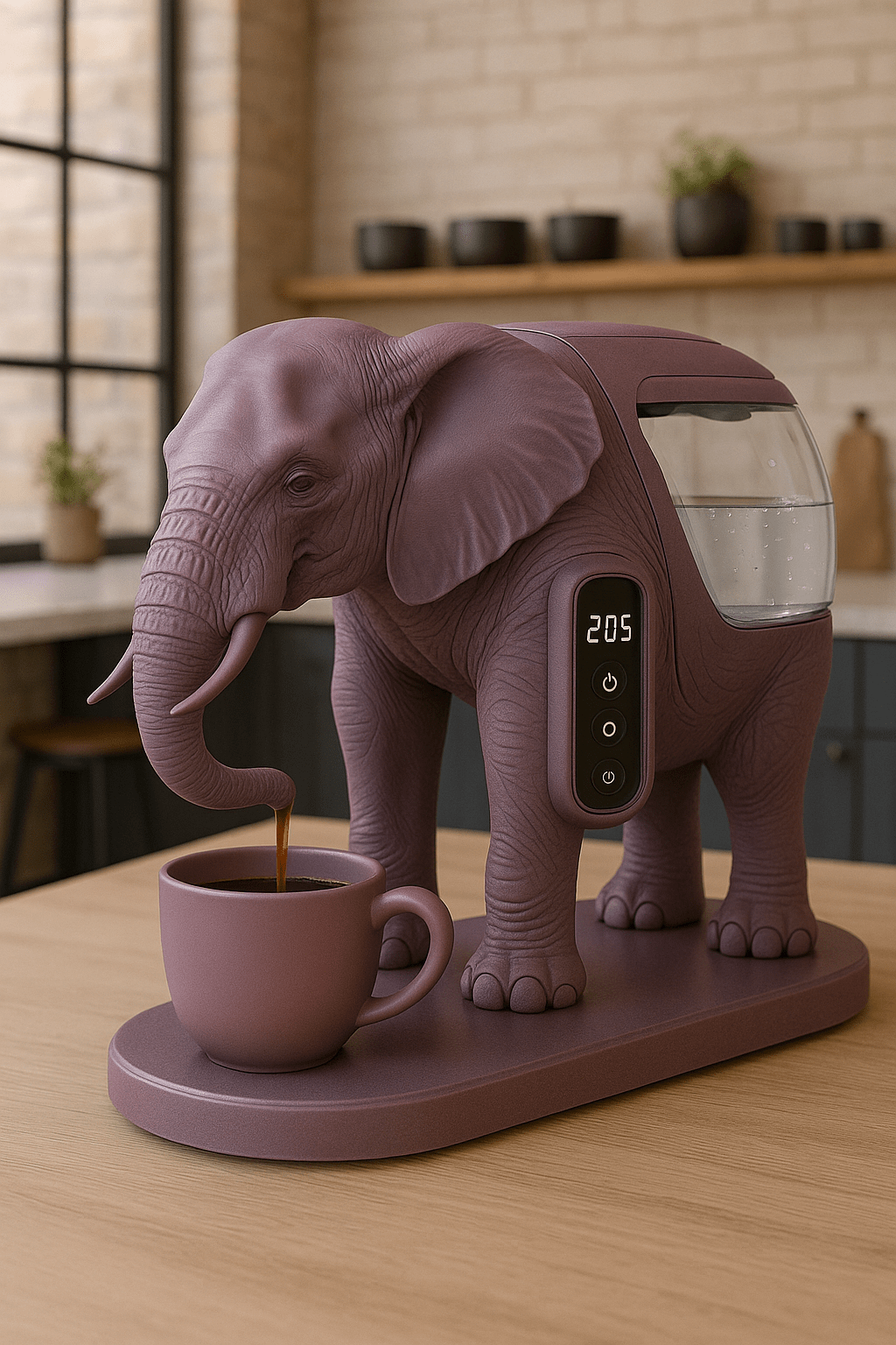 Purple elephant-shaped coffee machine brewing coffee from its trunk into a matching mug