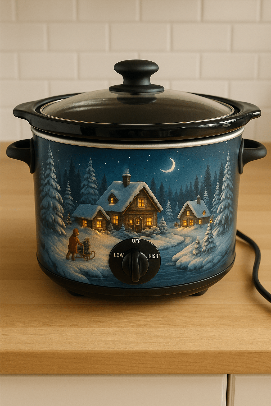Slow cooker with artwork showing a child pulling a sled carrying a Christmas tree toward a snowy cabin.