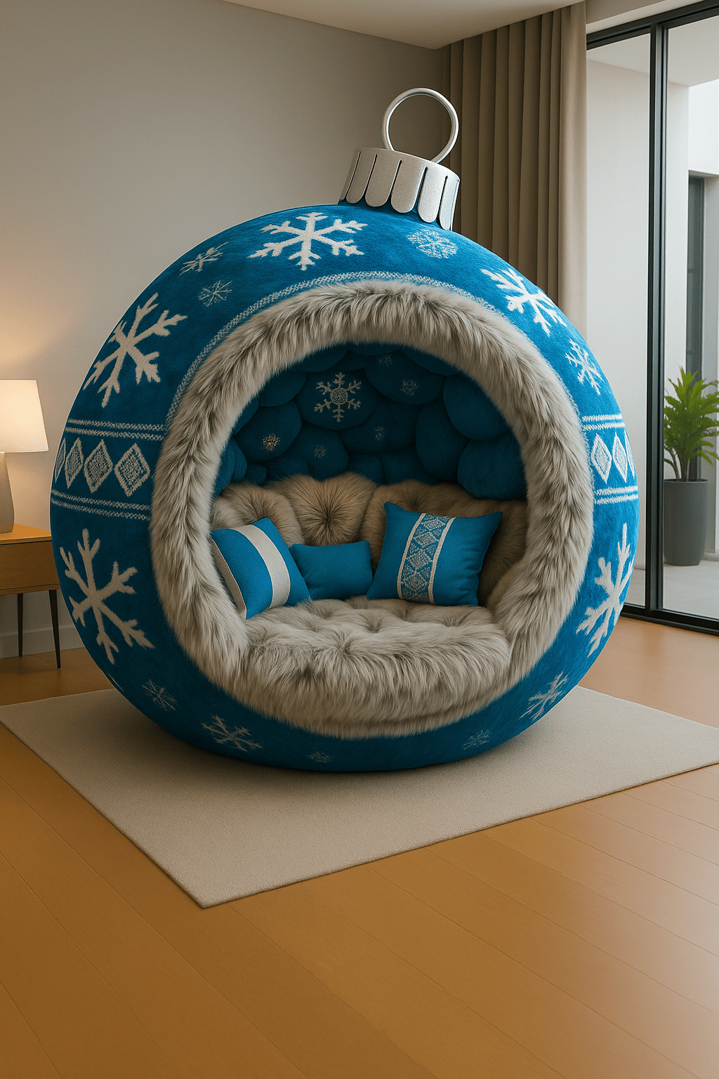 Blue Christmas bauble lounge chair with white snowflake designs and grey faux fur lining