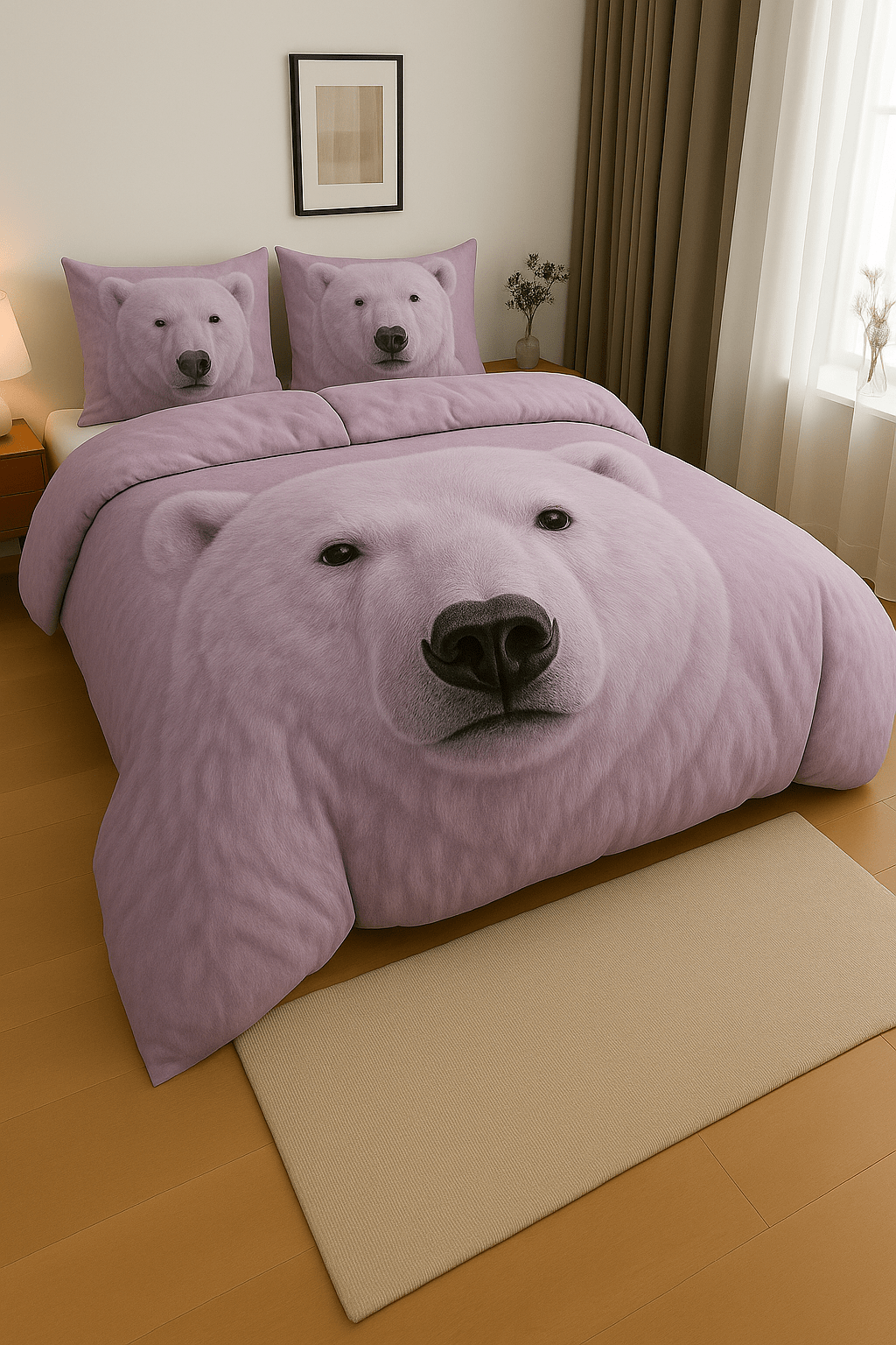 Lavender polar bear bedding set with matching pillowcases in a minimalist bedroom
