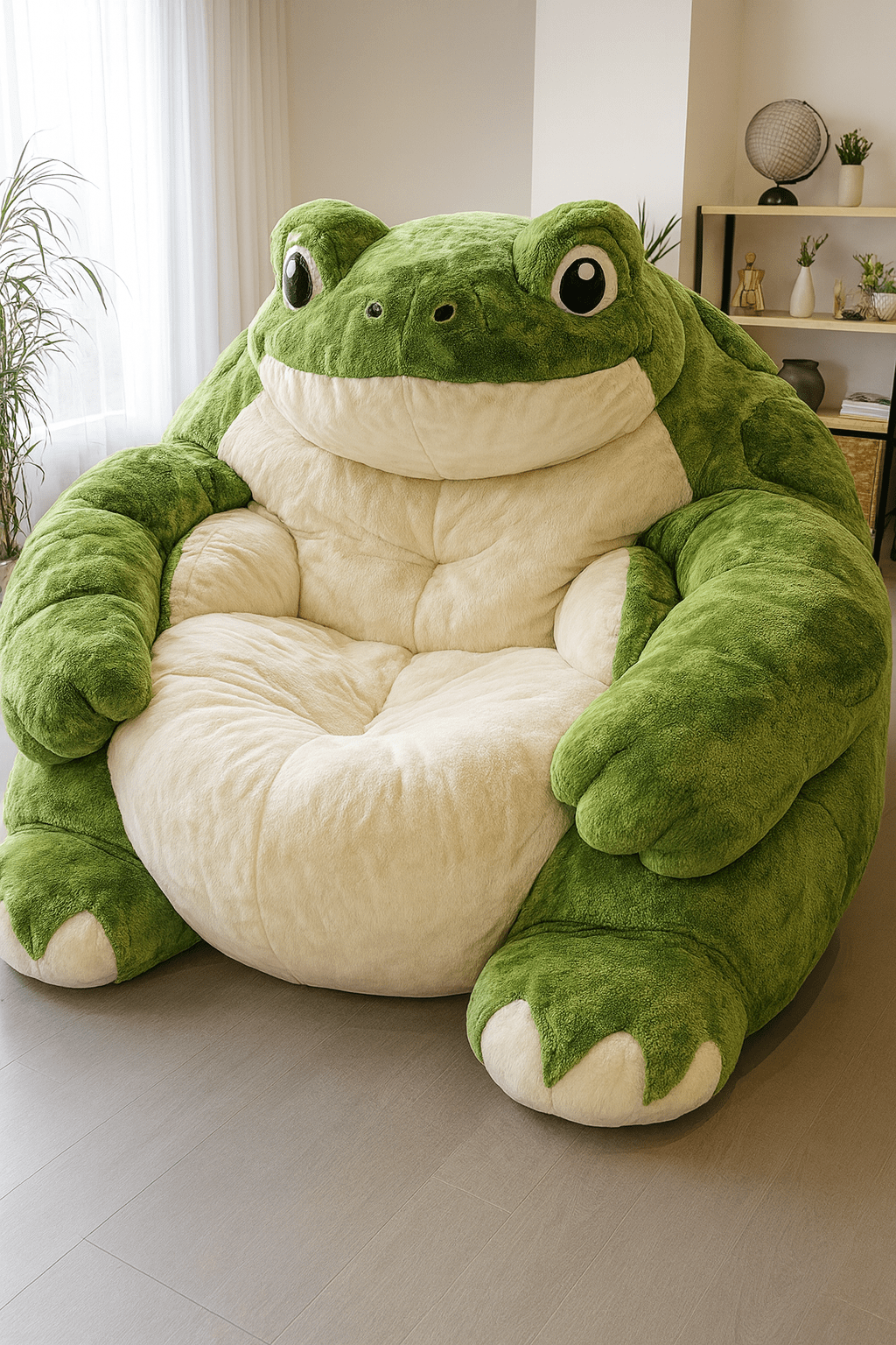 Green oversized frog lounger chair with plush texture in a contemporary room