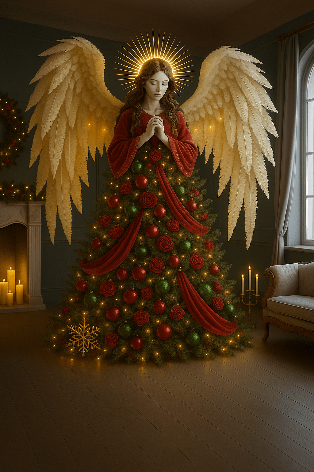 Classic angel Christmas tree in red and green with glowing lights and folded wings