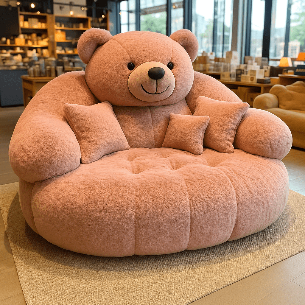 Blush pink oversized teddy bear lounger chair with deep cushioned seat and sculpted bear design
