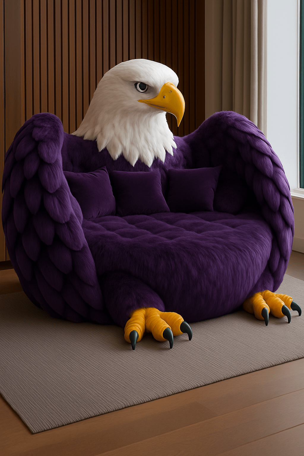 Luxurious purple eagle-shaped armchair with detailed feathers and golden claws in a contemporary interior