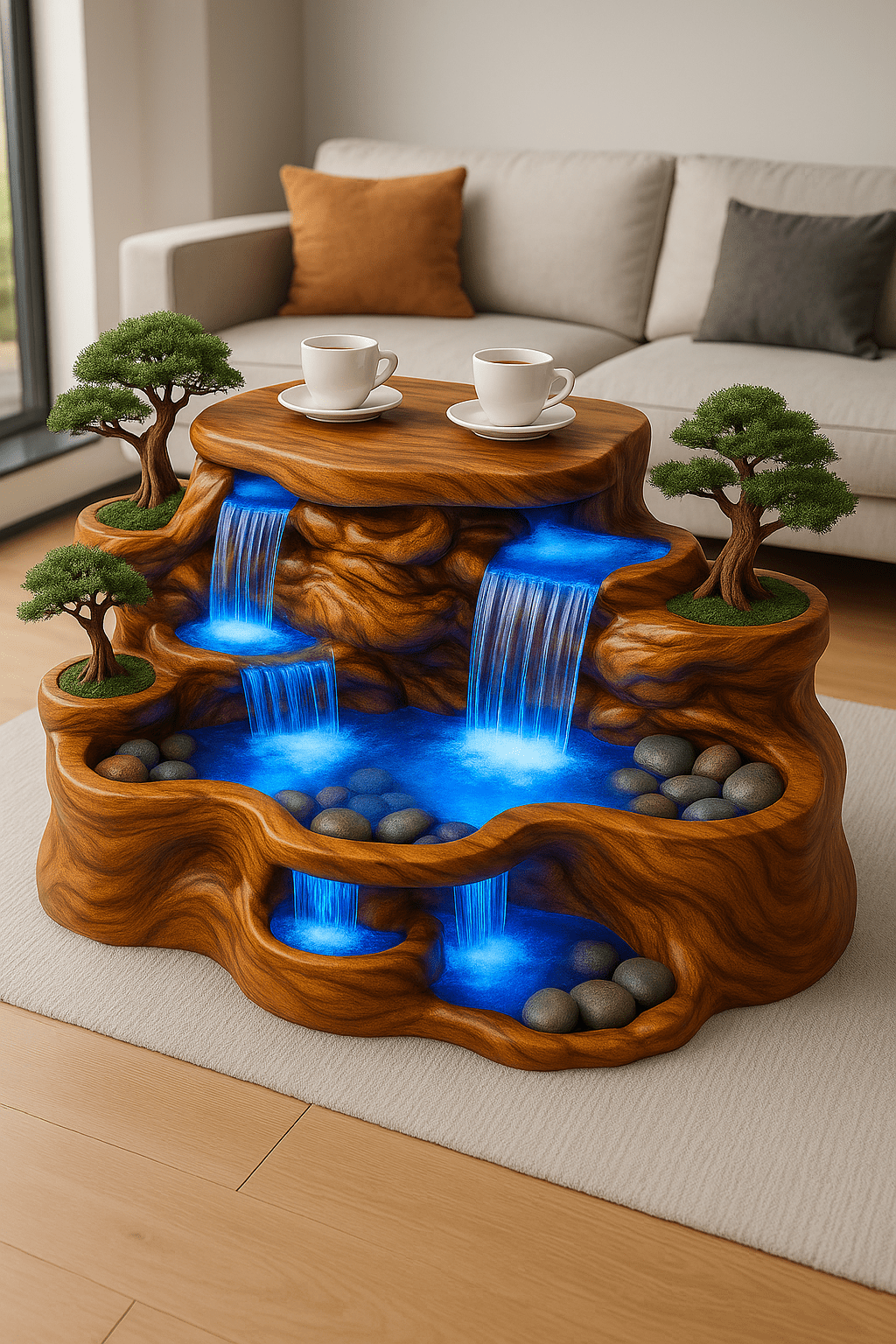 Sculptural waterfall coffee table with layered wood design, glowing blue water pools and miniature trees