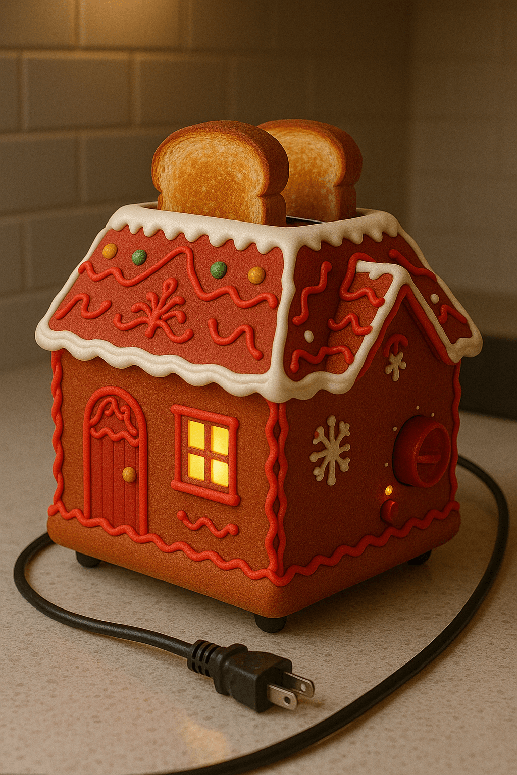 Traditional gingerbread house toaster with red icing and warm glowing windows