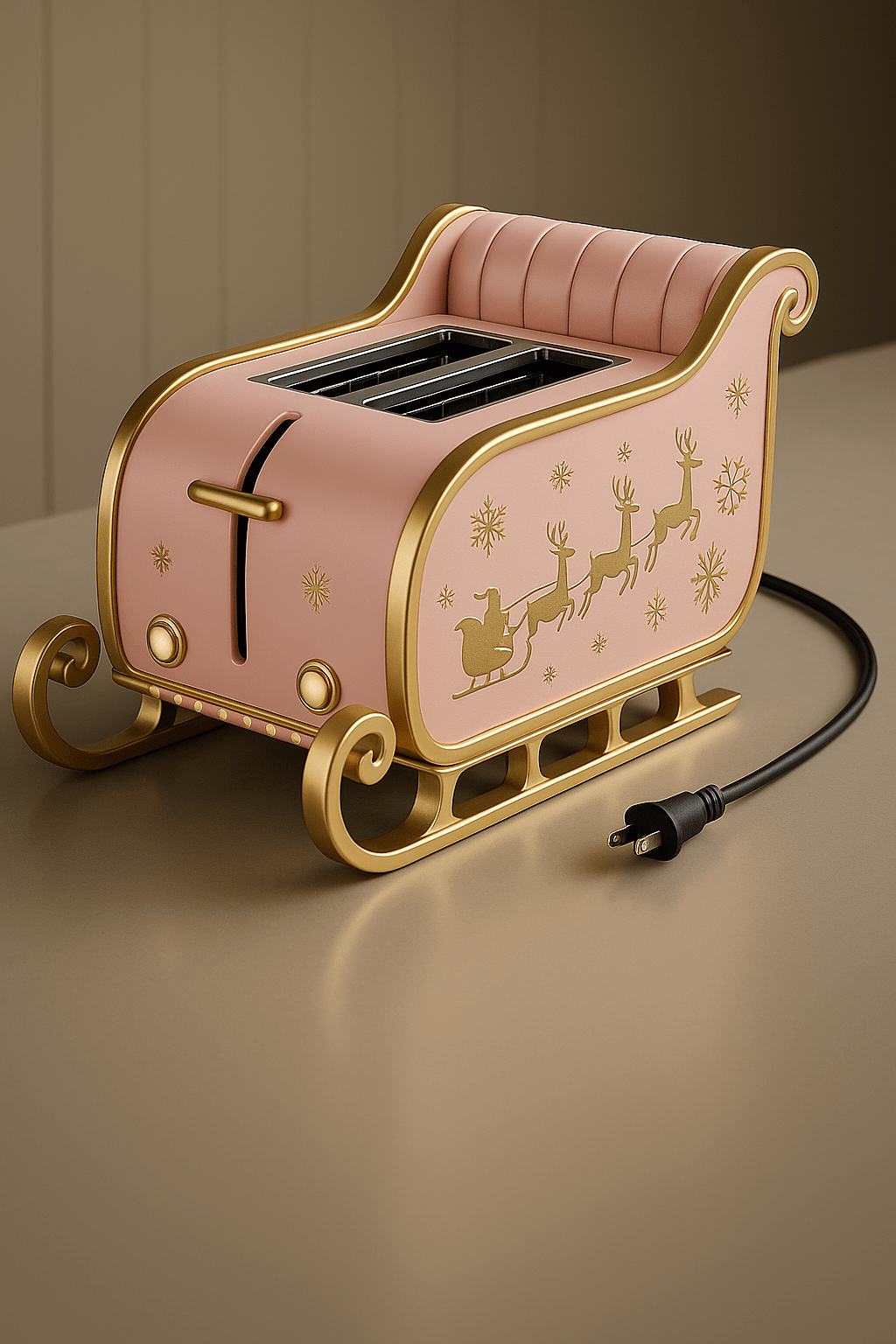 Soft pink sleigh-themed Christmas toaster with gold accents and festive reindeer motif.