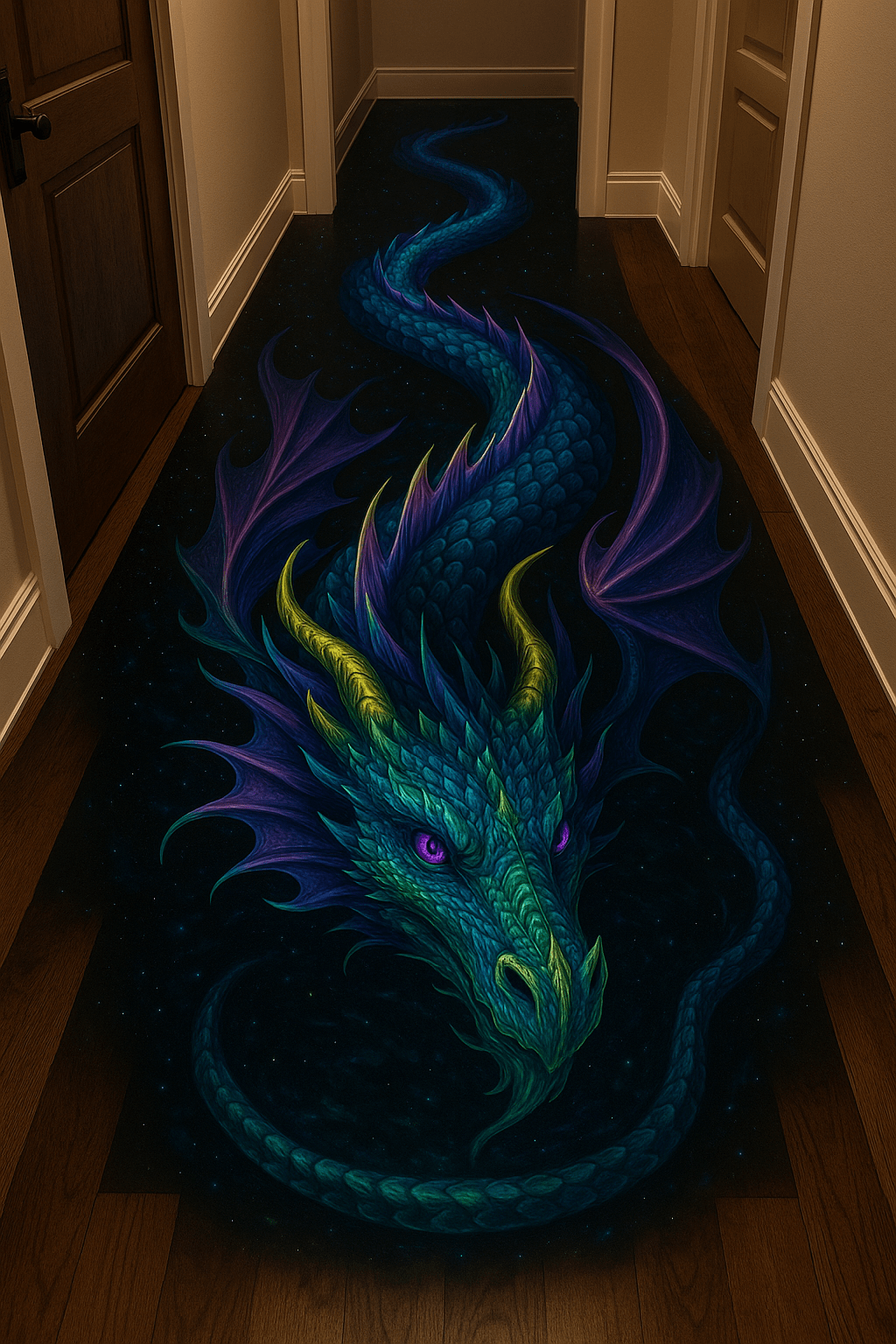 Cosmic-style dragon floor artwork with teal scales and purple wings.