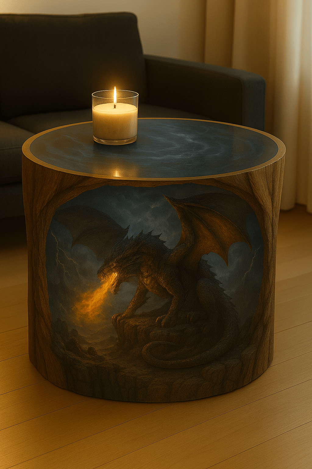 Dramatic dragon coffee table featuring a fire-breathing dragon in a stormy cave setting.