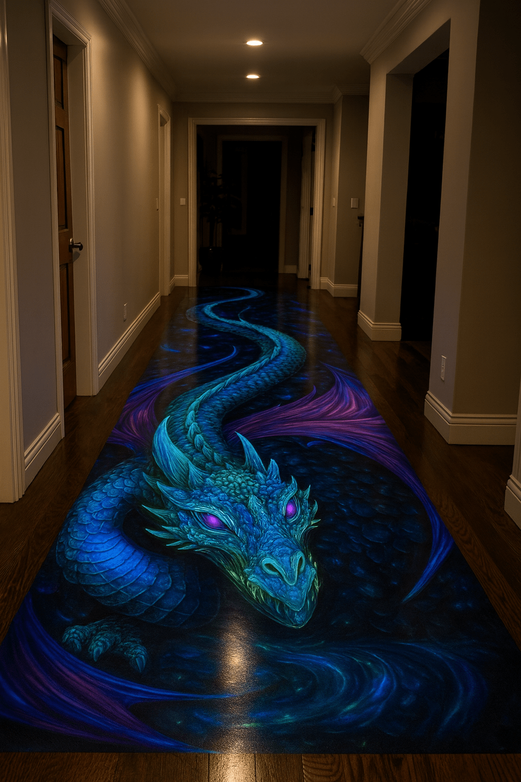 Glowing blue dragon artwork embedded in a dark hallway floor.