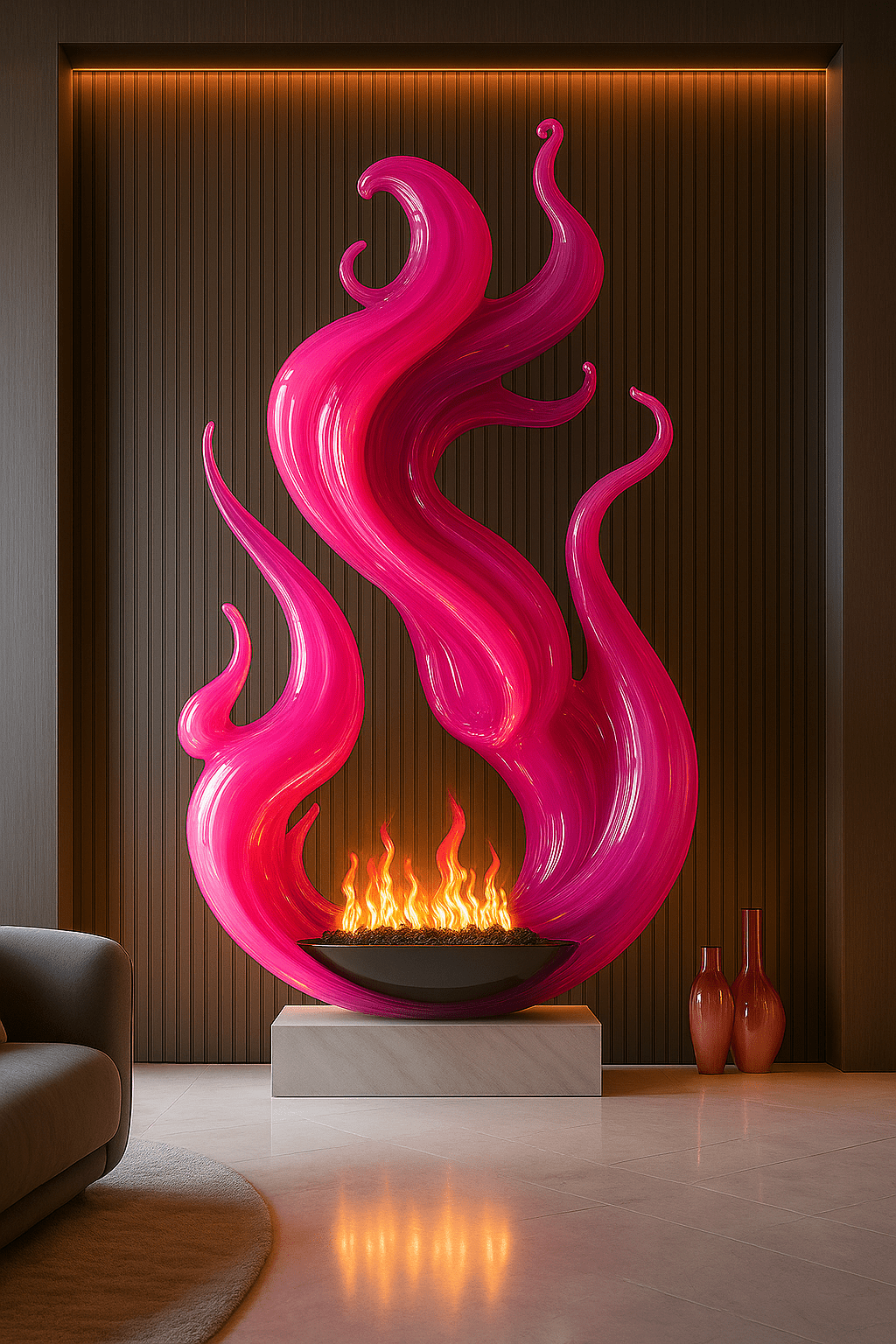 Bright pink flame-shaped fireplace sculpture creating a modern focal point in a sleek living space