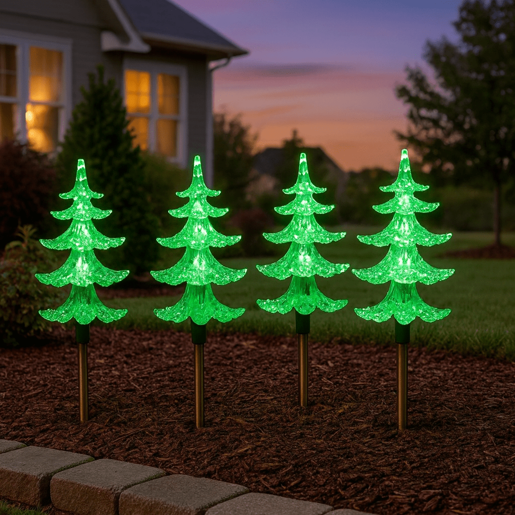 Illuminated green LED Christmas tree pathway lights in a garden at dusk