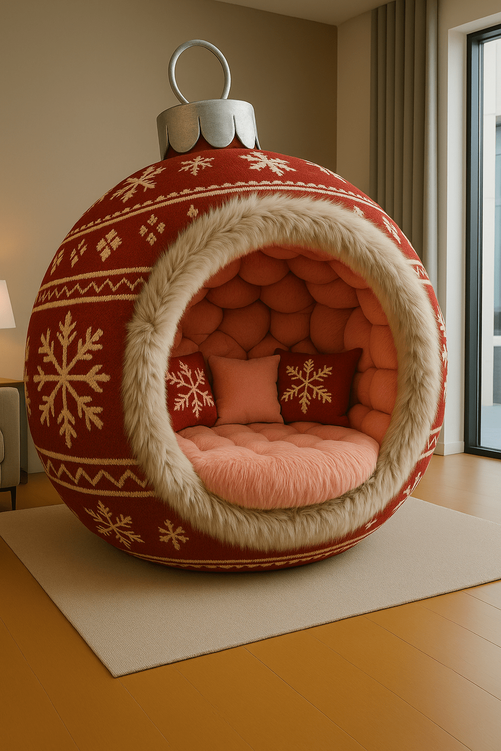 Red bauble-shaped chair with festive snowflake pattern and pink cushioned interior