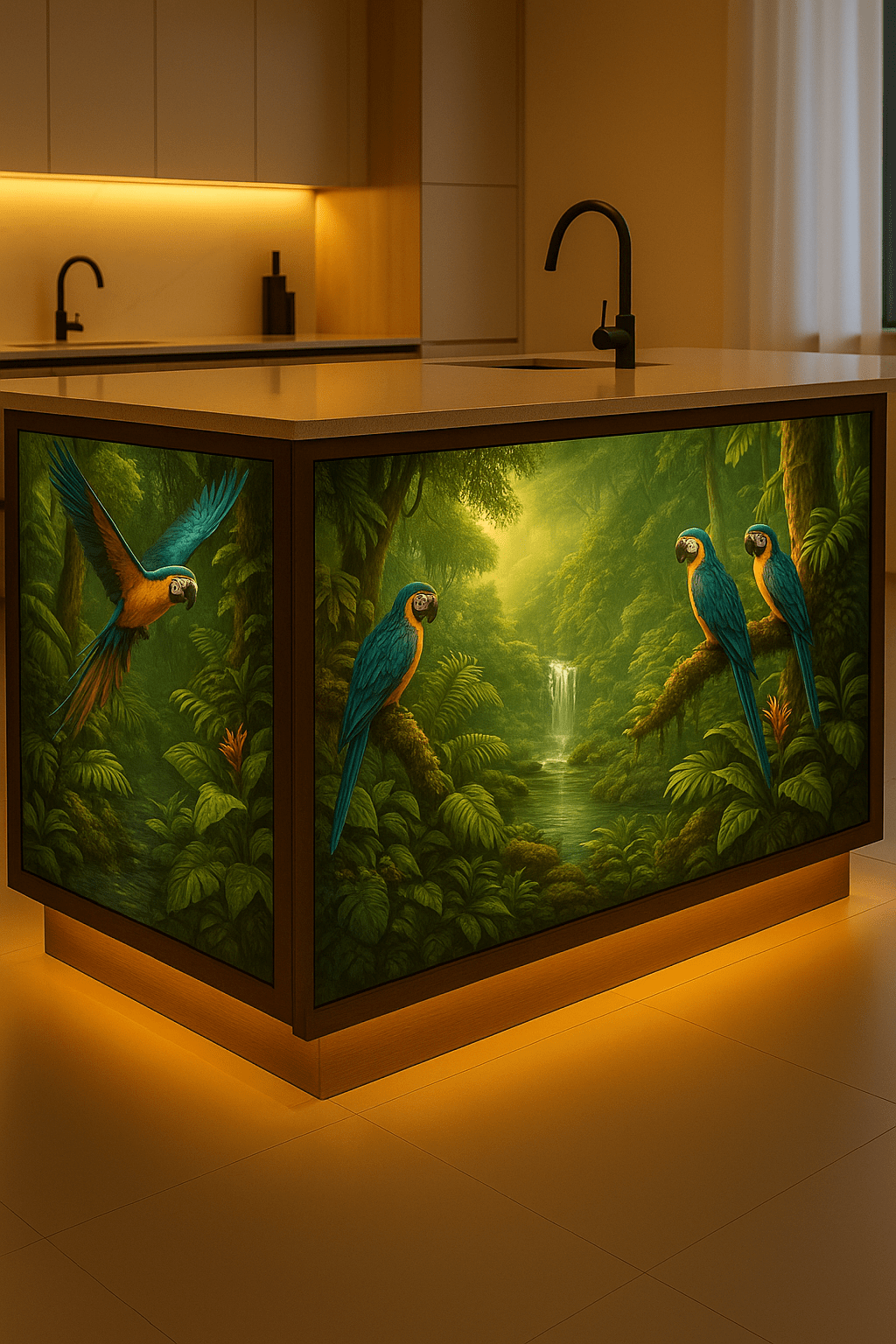 Kitchen island with blue and yellow macaws in rainforest design and golden underlighting