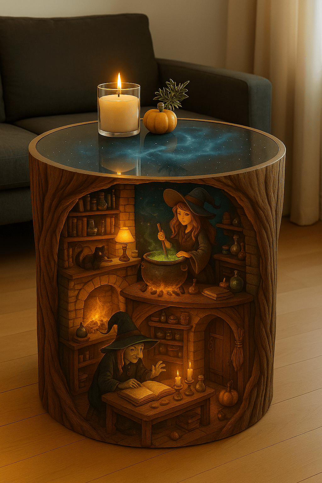 Carved tree-trunk table showing witch stirring a glowing cauldron above an older witch reading by candlelight.