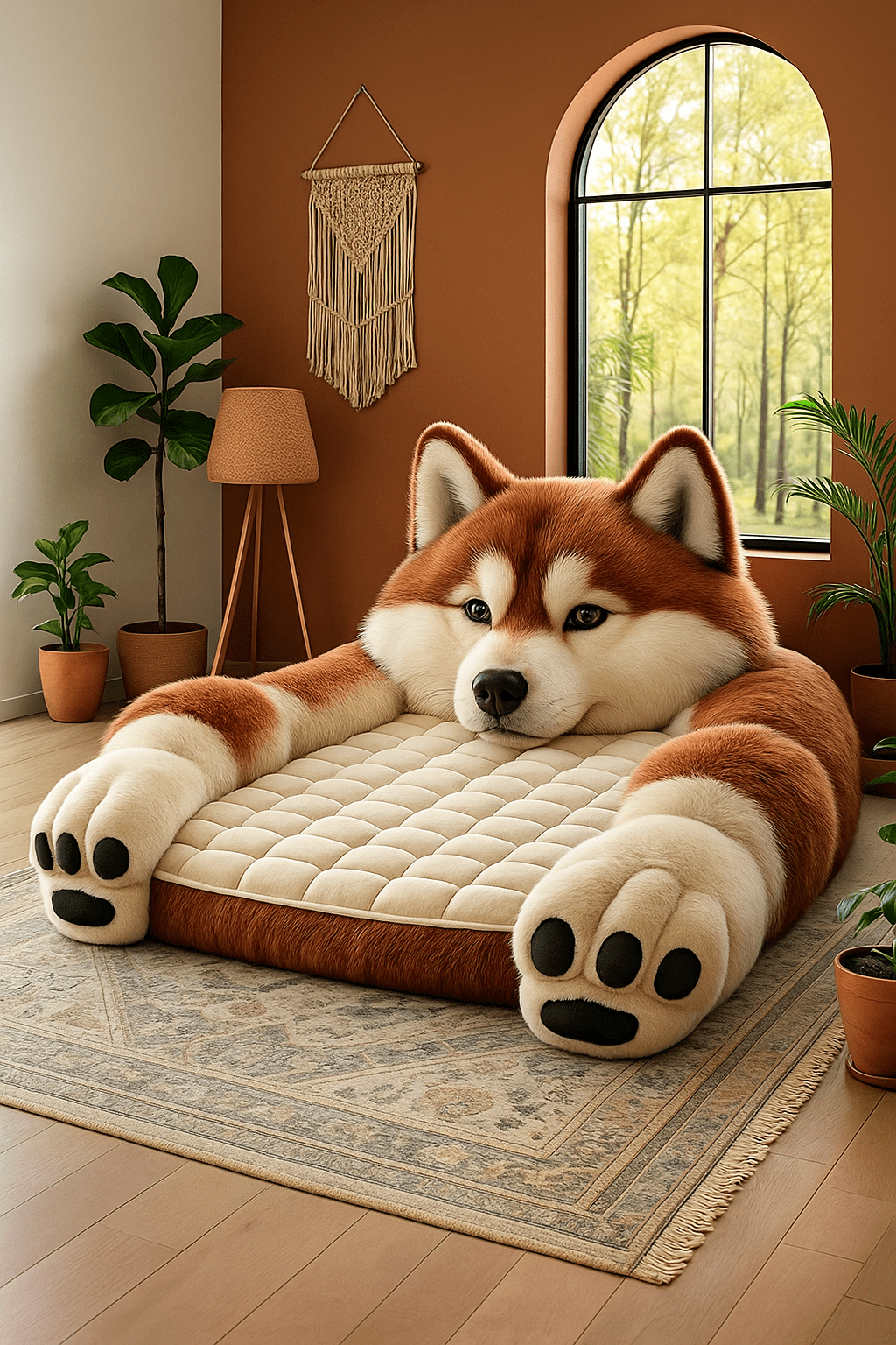 Oversized brown husky plush lounger chair styled in a bohemian living room with indoor plants