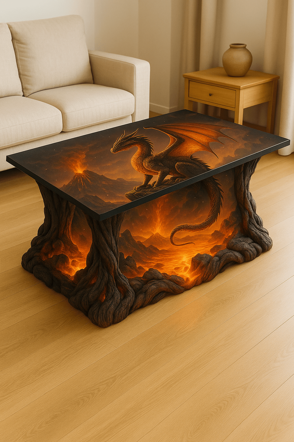 Golden dragon table set against volcanic rock with glowing lava light