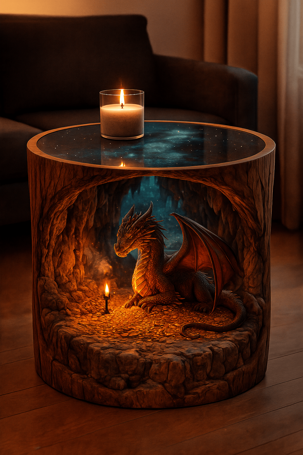Fantasy coffee table with a dragon guarding gold treasure inside a carved cave with torch lighting.