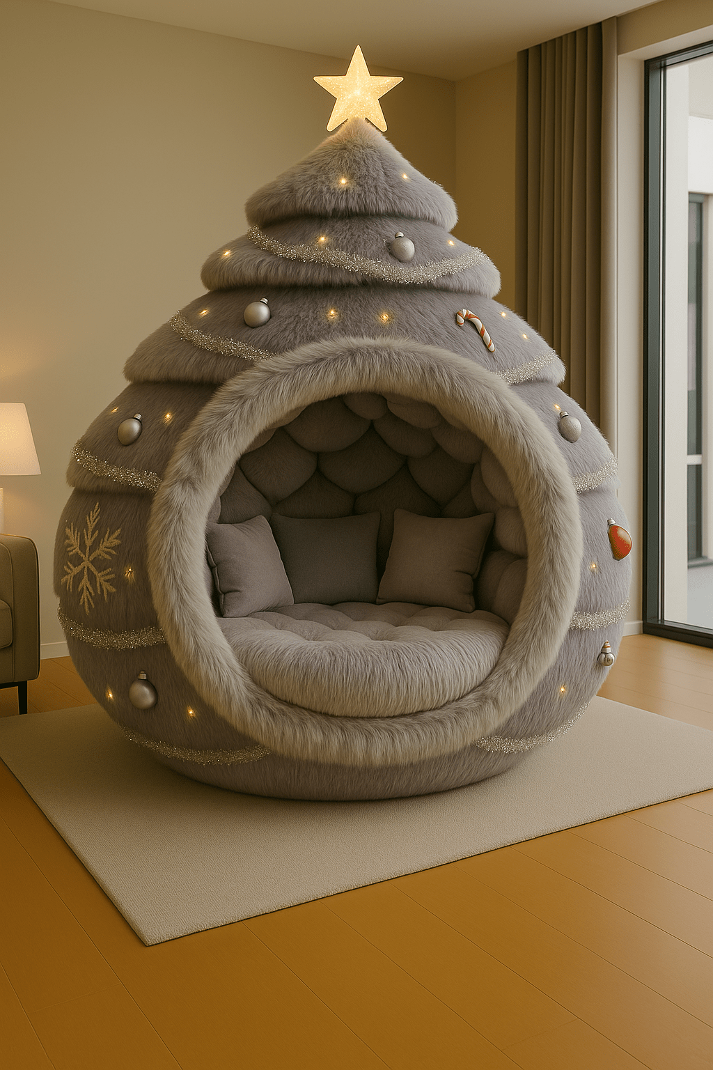 Silver-grey Christmas tree decorated with tinsel and ornaments, featuring a star topper.