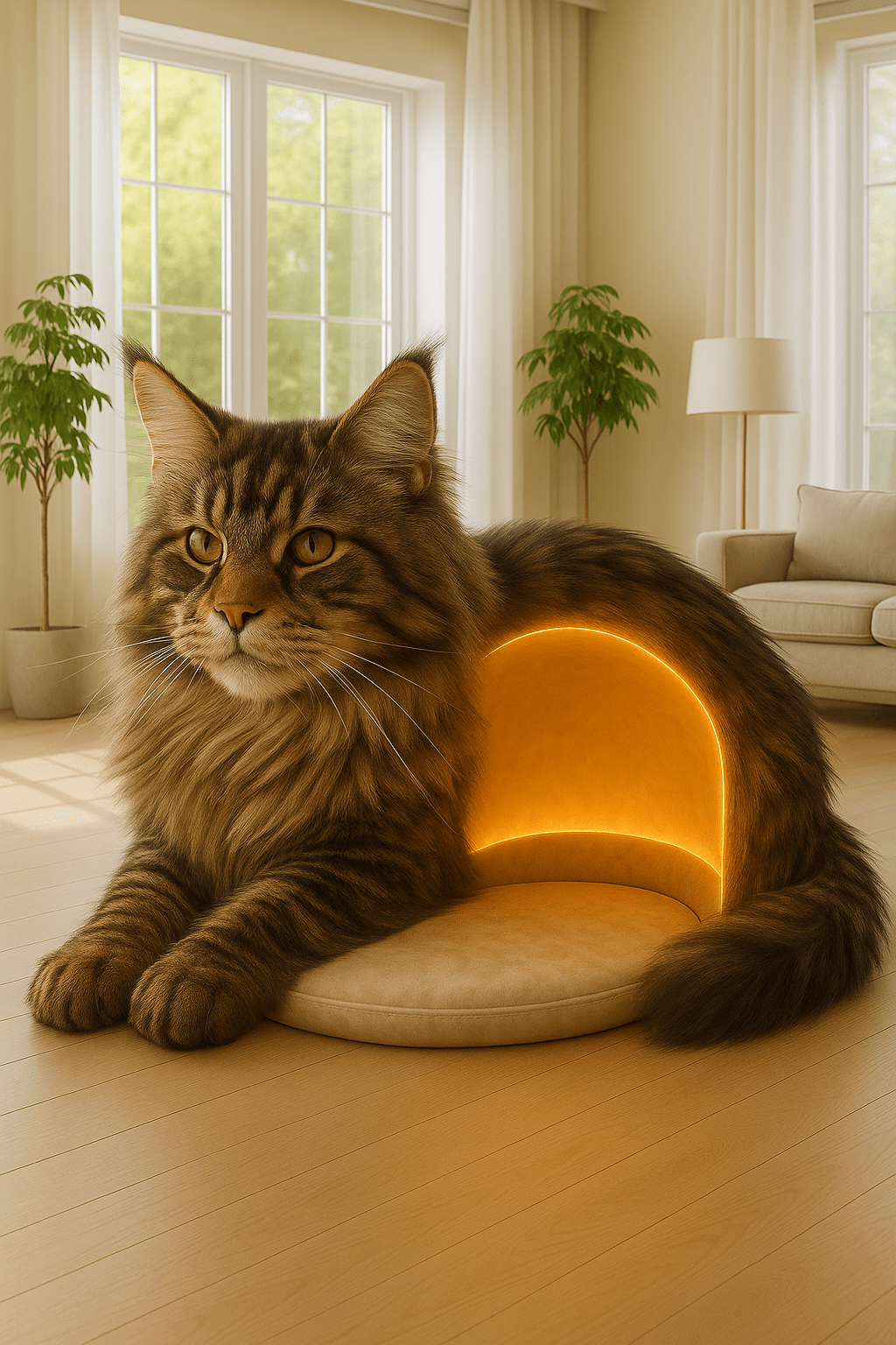 Large Maine Coon-inspired cat cave bed with glowing arch, styled in a peaceful living space.