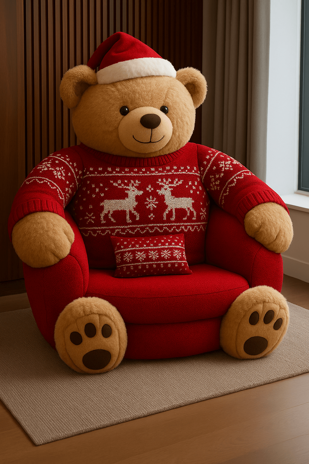 Red teddy bear armchair with Santa hat and Christmas reindeer jumper